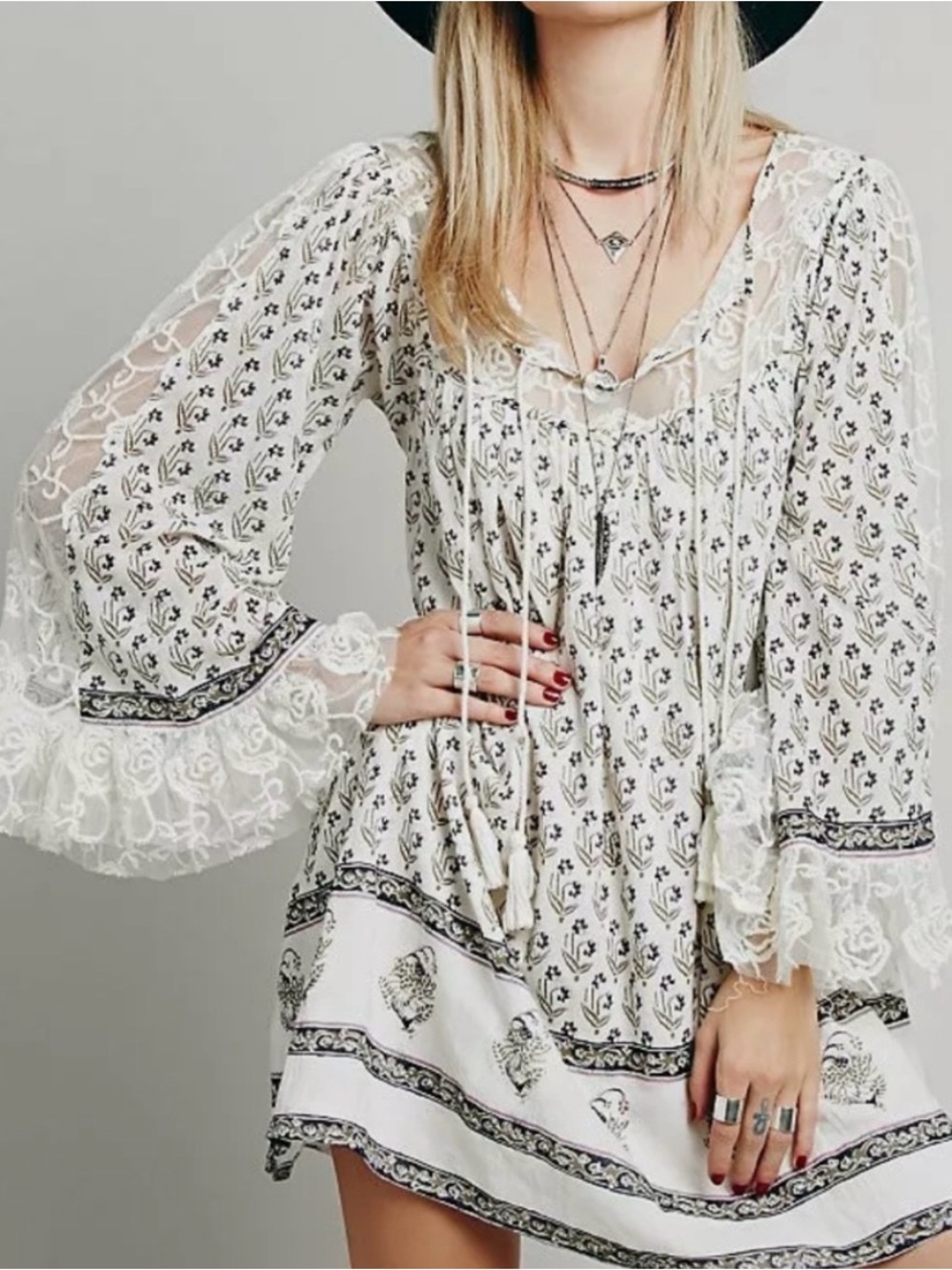 Free People Nomad Child Floral Lace-Trim Boho Mini Dress